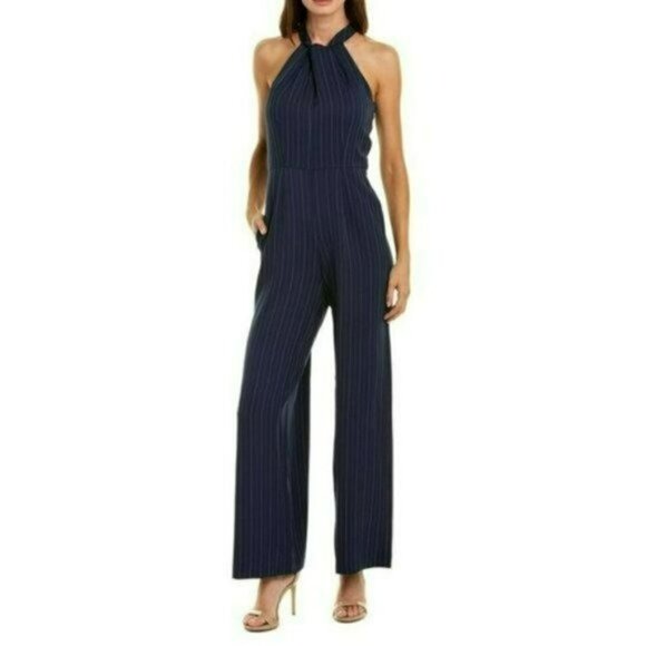 NWT JULIA JORDAN Sleeveless Twist Halter Neck Wide Leg Striped Jumpsuit - Picture 3 of 10